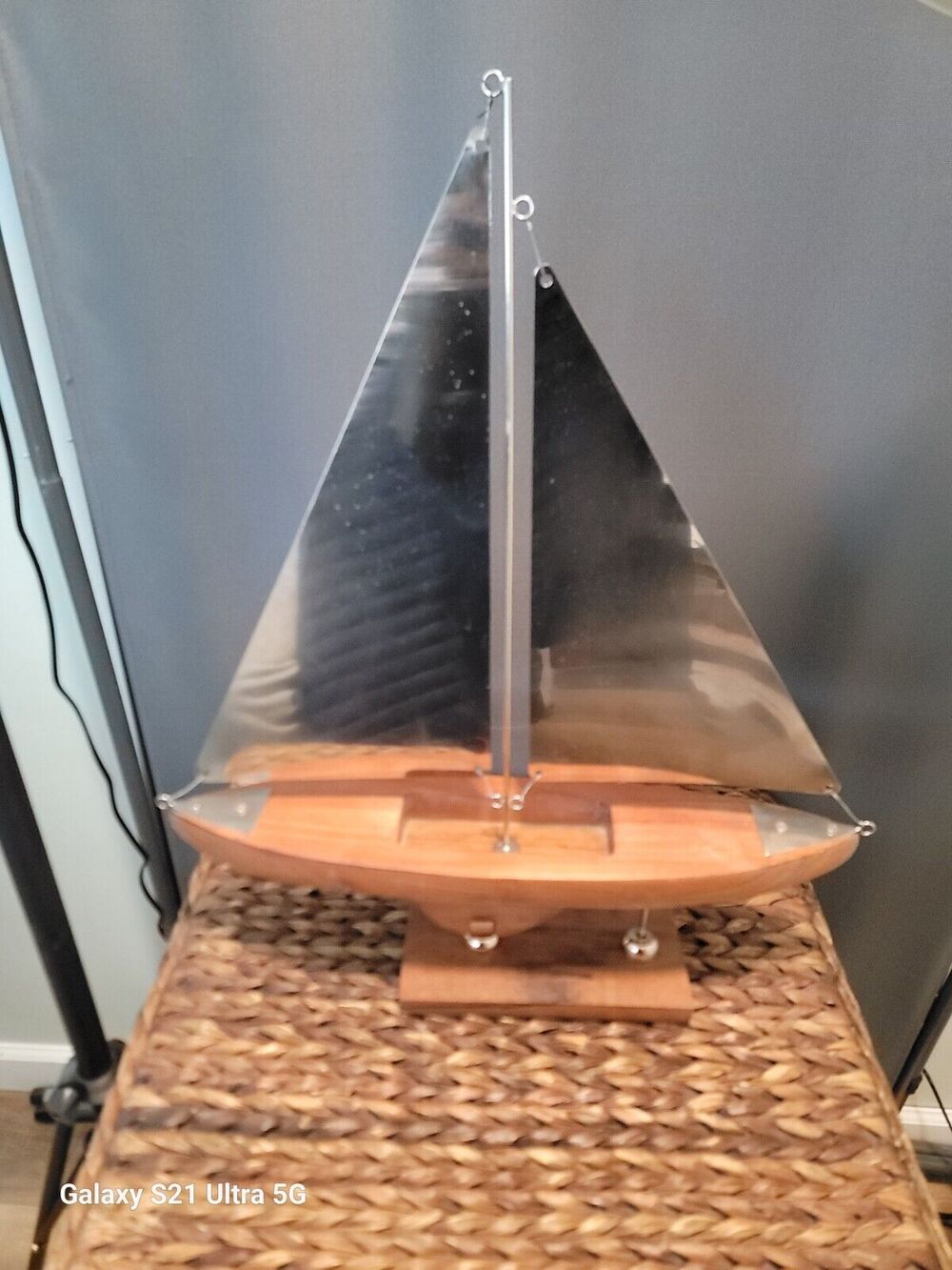 Vintage Art Deco chrome sailed yacht ornament on timber base